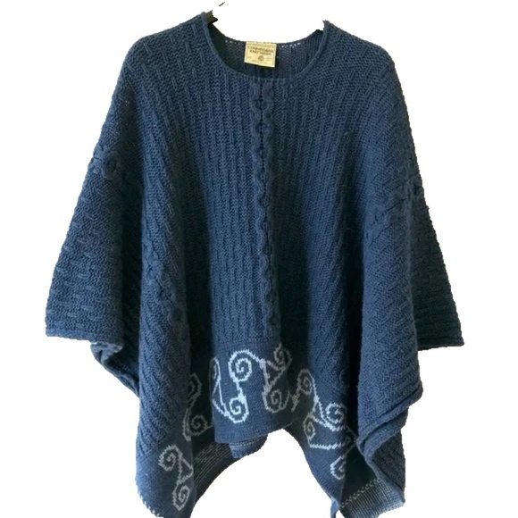 Connemara Knitwear 100% Pure New Wool Merino Cropped Poncho Made in Ireland Blue - Picture 1 of 13